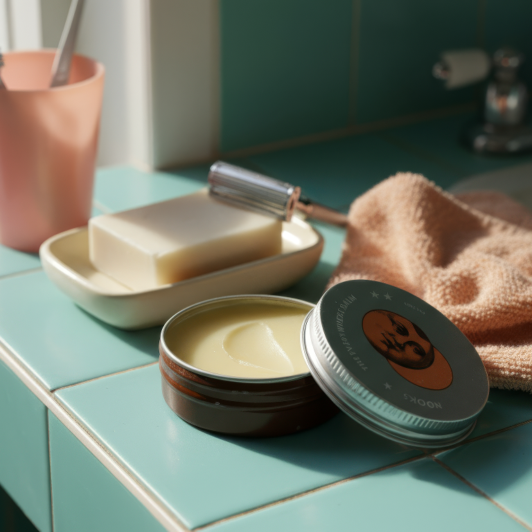 Skin repair balm on a bathroom counter with soap, towel, and containers on a tiled shelf