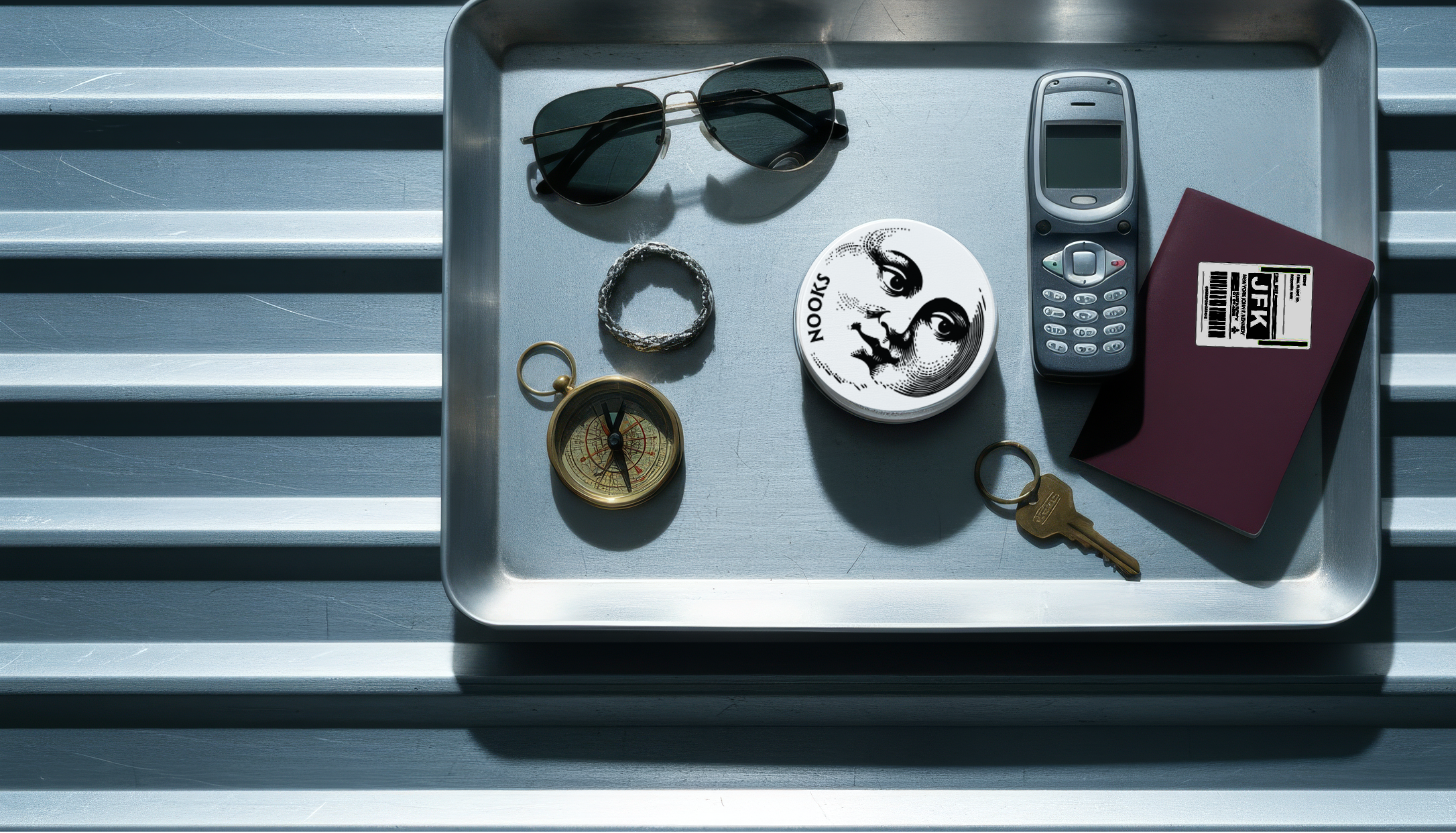 Collection of travel items including sunglasses, phone, compass, and passport on a metal tray with a striped background. Moon face tin.